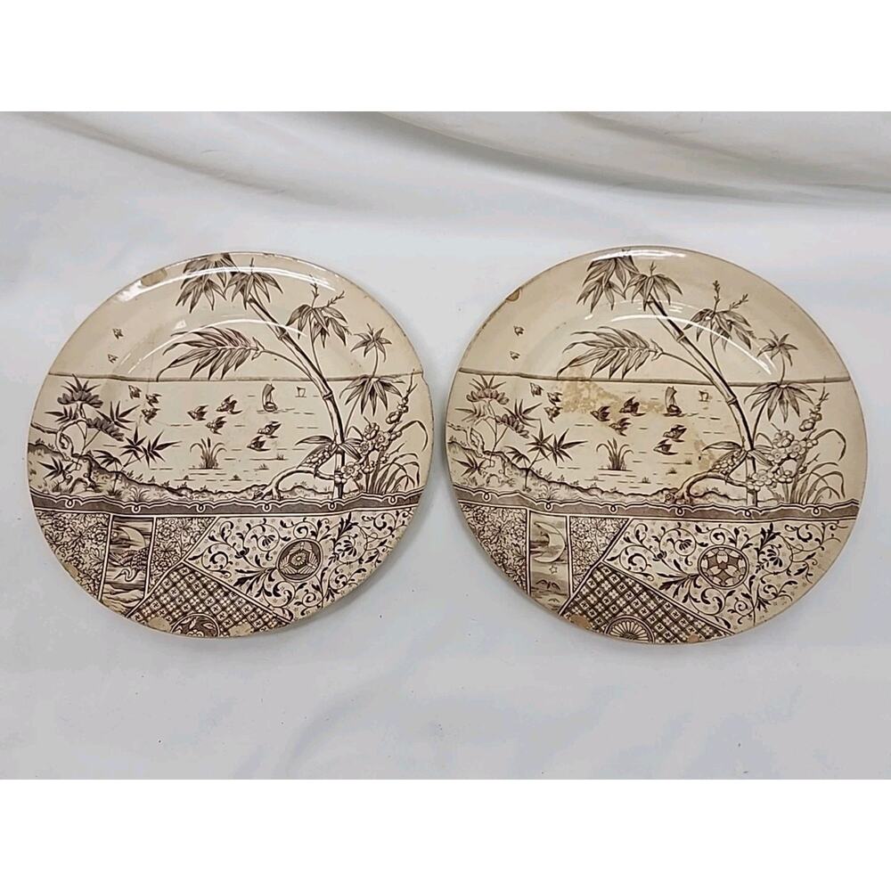 2 Vintage Melbourne Mayers G&W Brown Transfer Ware Plate 8" Inch Plates Antique